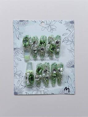 Green Jeweled Water Press-On Nails | Sz Medium